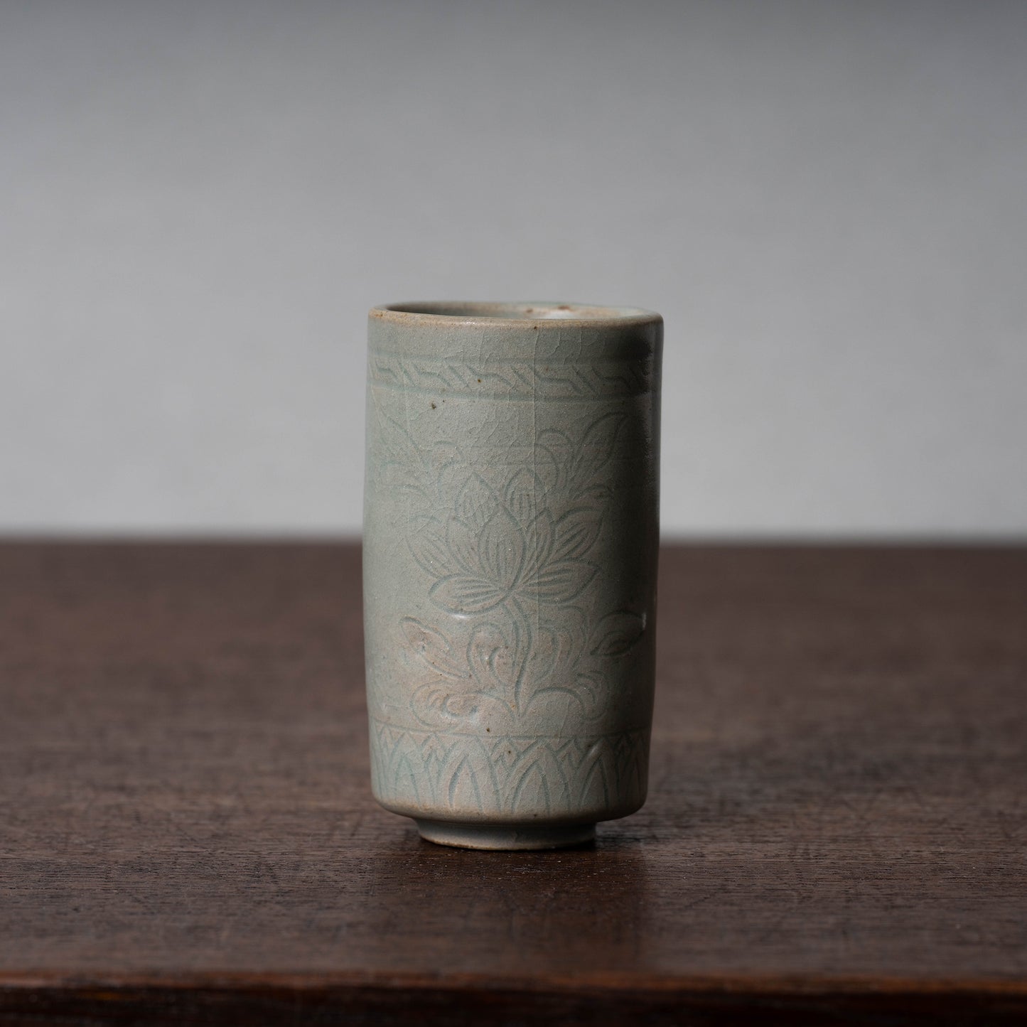 Goryeo Dynasty Celadon Cylindrical Cup with Carved Lotus Design