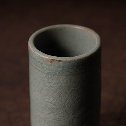 Goryeo Dynasty Celadon Cylindrical Cup with Carved Lotus Design